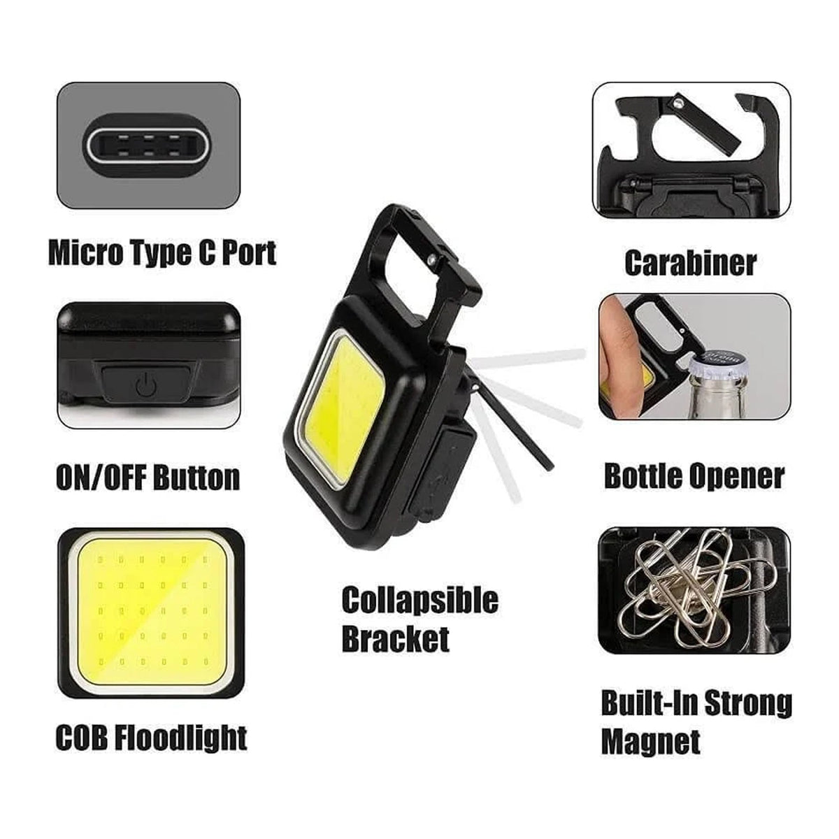 Rechargeable Keychain Mini Flashlight with 4 Light Modes,Ultralight Portable Pocket Light with Folding Bracket Bottle Opener and Magnet Base for Camping Walking - jugaad.shop