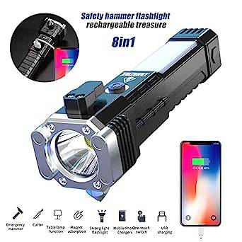 Portable 3w Rechargeable Torch LED Flashlight Long Distance Beam Range, Hammer and Strong Magnets, Window Glass and Seat Belt Cutter 4 Modes for Car Camping Hiking Indoor Outdoor - jugaad.shop