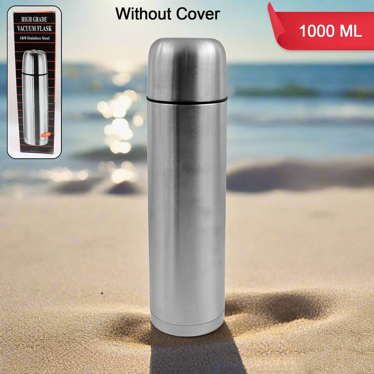 Vacuum Flask Without Cover, 18/8 Stainless Steel | Hot and Cold Water Bottle with Push-Down Lid | Double Walled Stainless Steel Bottle for Travel, Home, Office, School, Picnic (1000 ML / Without Cover) - jugaad.shop