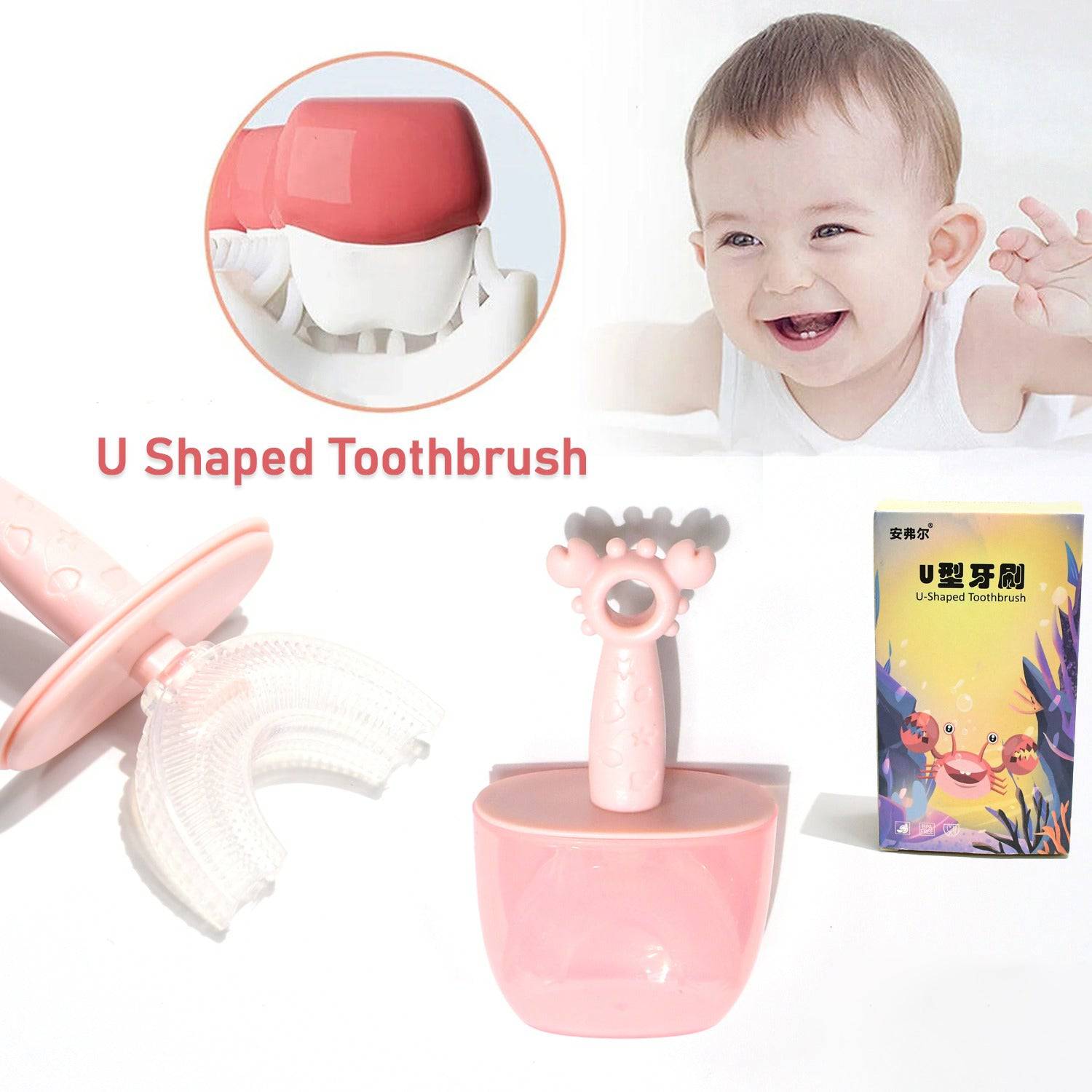 Kids U Shaped Toothbrush Children Baby Silicone Kids Toothbrush U Shaped Silicone Brush Head for 360 Degree Cleaning Suitable For 2-6 Years (1 Pc) - jugaad.shop