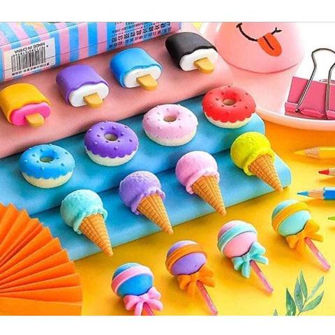 Cone / Donut / Lolipop / Ice cream / Eraser for Girls & Boys / Eraser for School B'Day Return Gift Party Doughnut Lollipop Ice Cream Theme Shape Erasers Pencils Set for Kids Educational Stationary kit, School Supplies (1 Set 4 Pc) - jugaad.shop