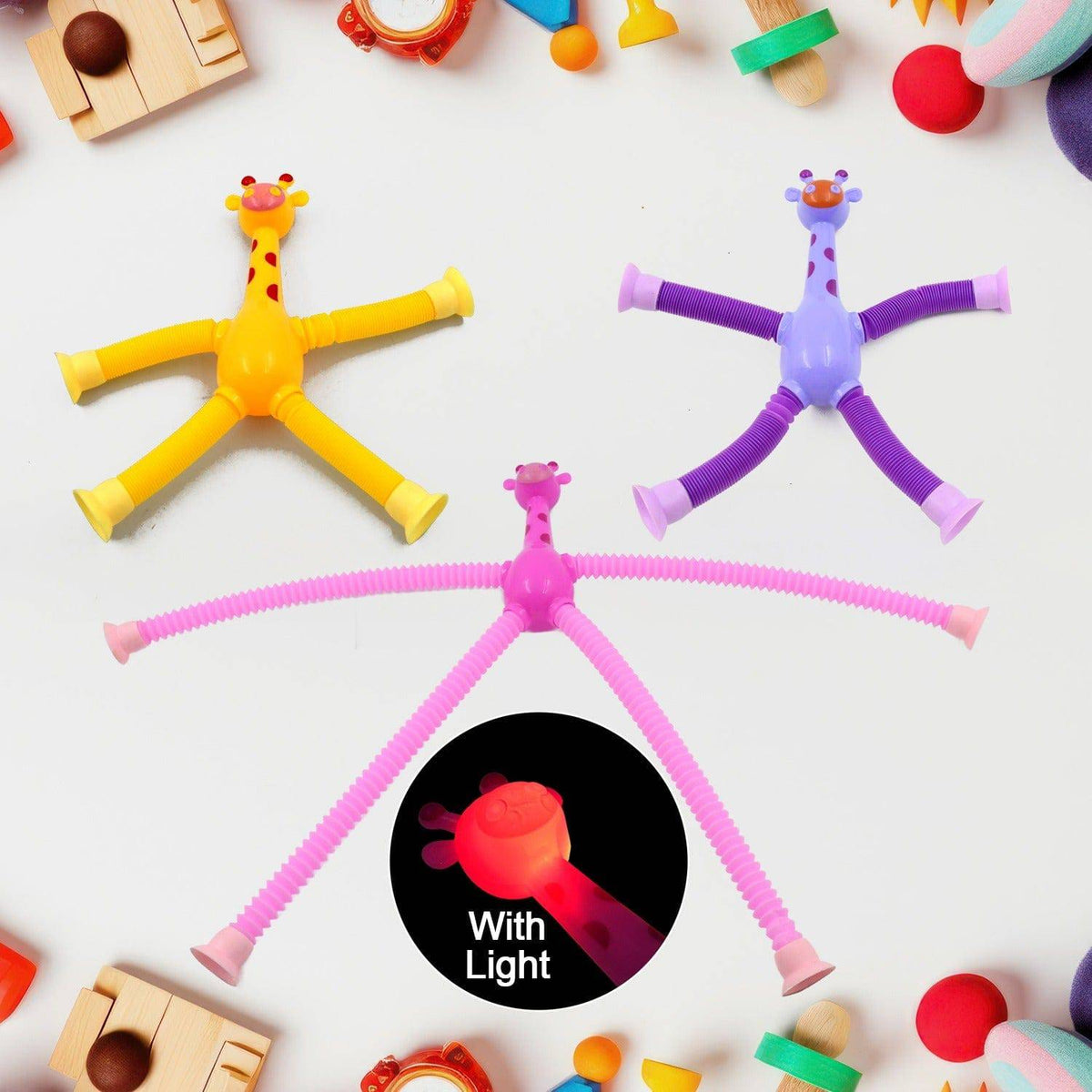 LED Telescopic Suction Cup Giraffe Toy, Pop Tubes Fidget Toys, Shape Changing Telescopic Sensory Tubes Fidget Tubes Sensory Toys Suction Toy, Funny Gift (3 Pcs Set) - jugaad.shop