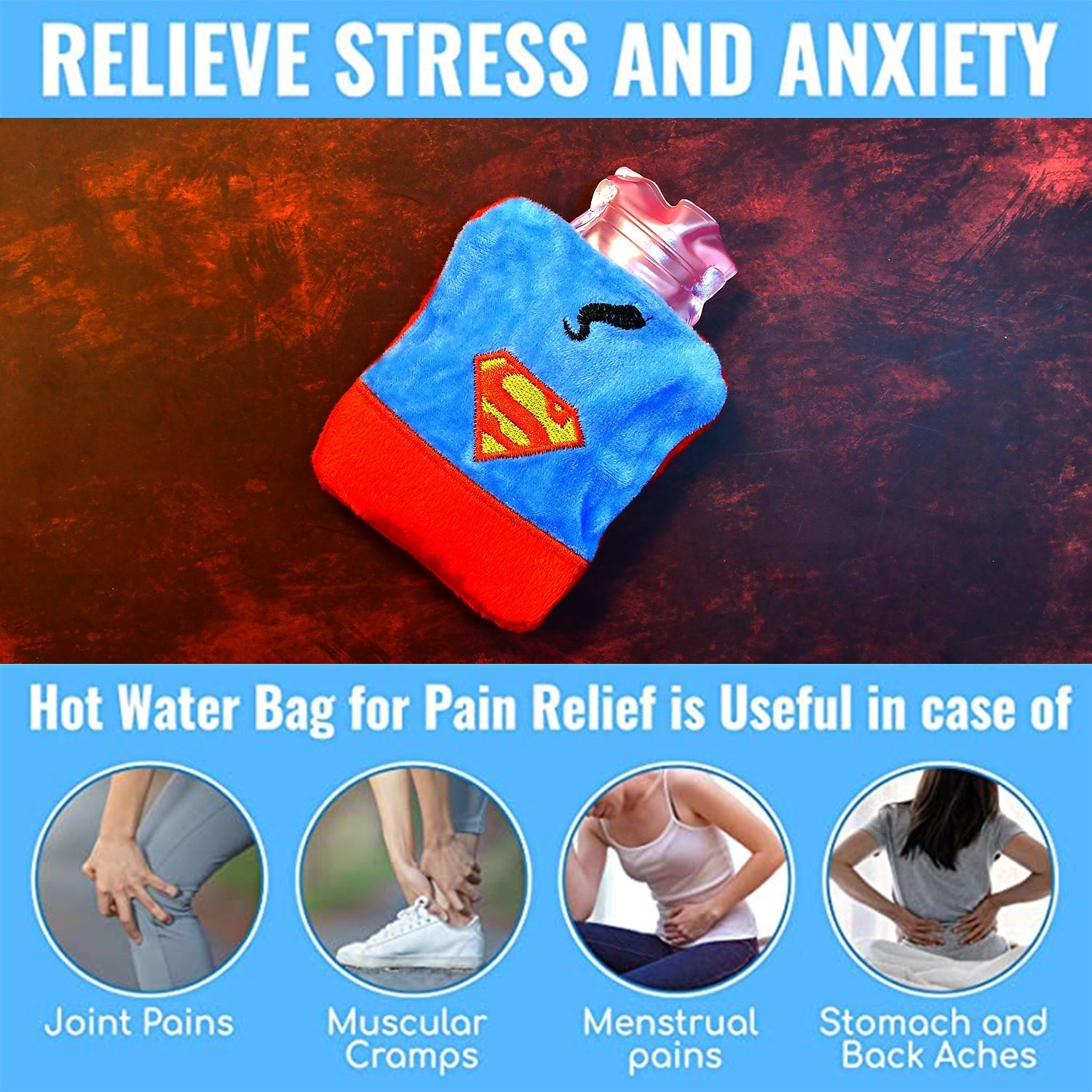 Superman Print Small Hot Water Bag with Cover for Pain Relief - jugaad.shop