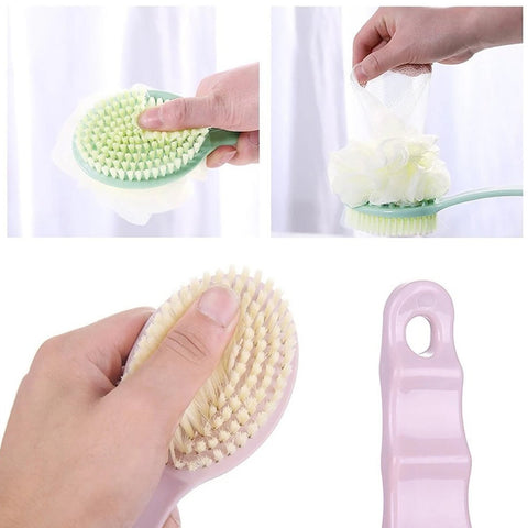 Bath brush with extended handle, 2-in-1 design for convenience.