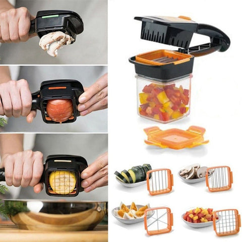 Time-saving 5 in 1 dicer for fast food preparation.