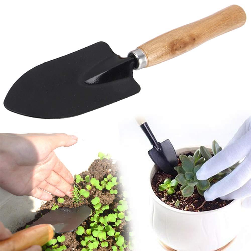 Steel hand trowel for gardening, black handle.