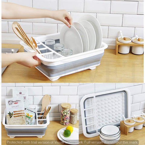 Collapsible silicone drainer rack for dishes with storage for utensils