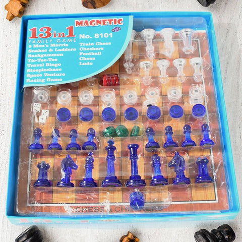 13 in 1 Family Board Game Chess, Snakes & Ladders, Ludo, Tic-Tac-Toe, Checkers, Travel Bingo, Football, Space Venture, Steeplechase Set for Kids - jugaad.shop