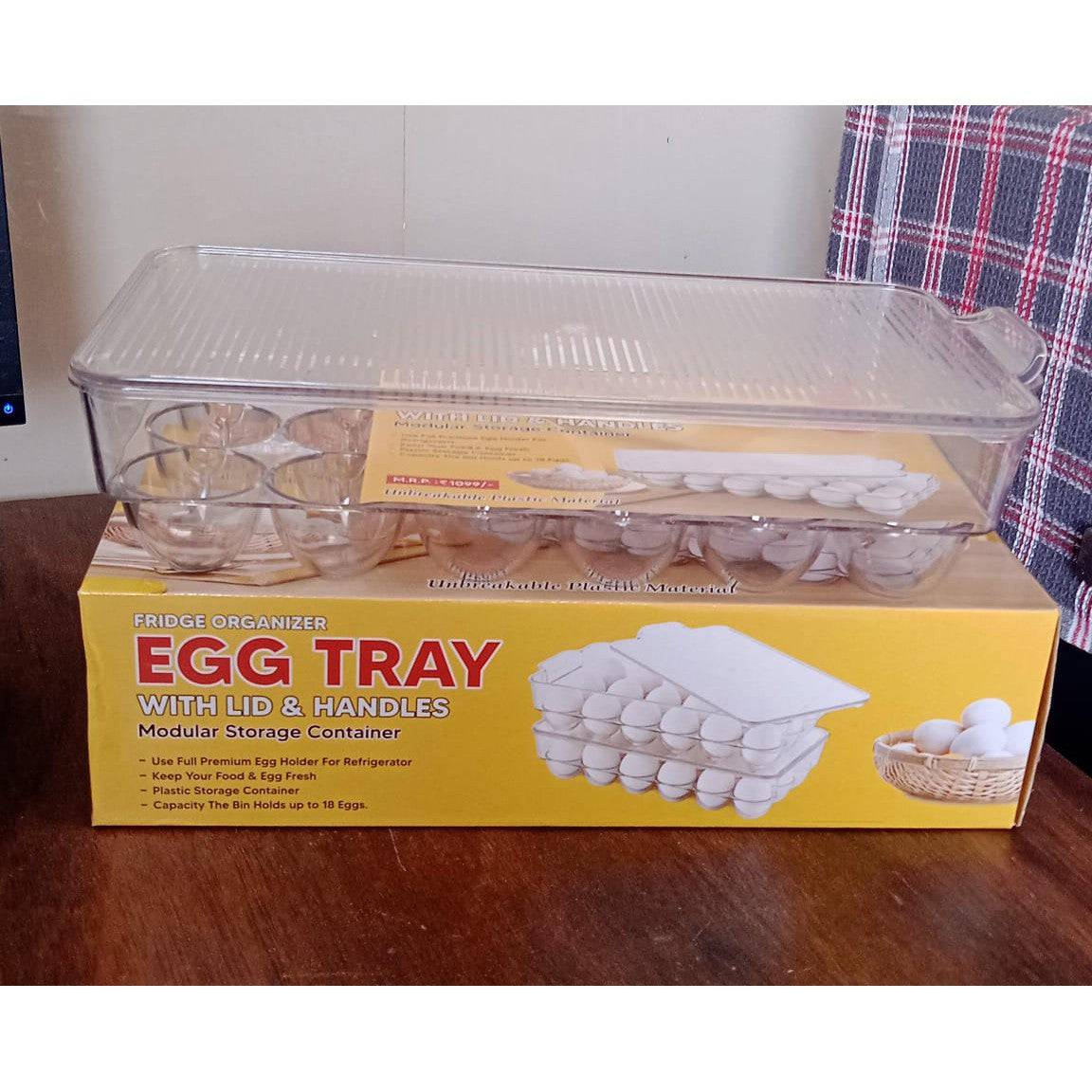 Plastic 18 Cavity Egg Storage Box Or Egg Trays For Refrigerator With Lid & Handles High Quality, Rectangular Egg Tray Box For 18 Egg (1 Pc) - jugaad.shop