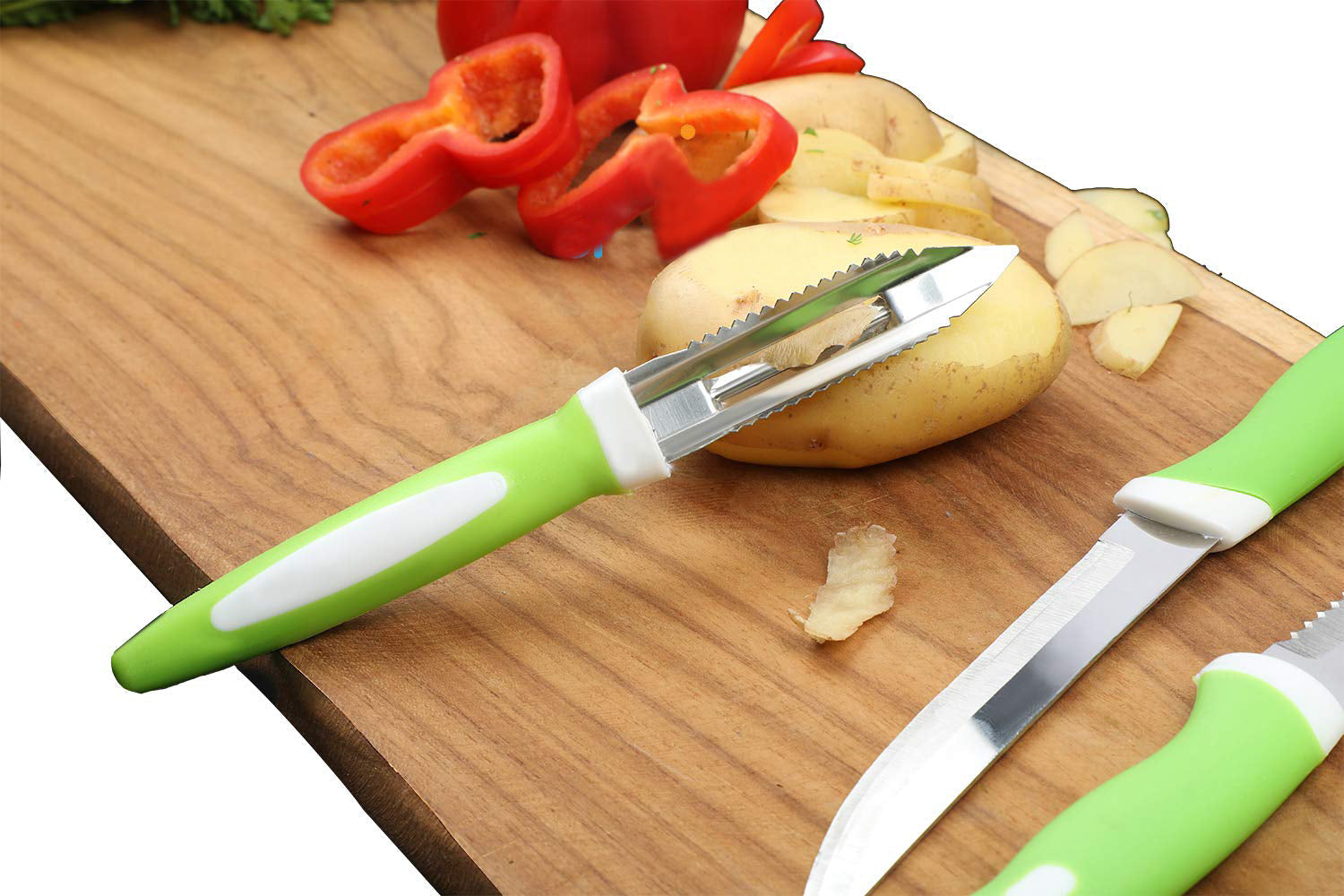 Durable stainless steel knife set with peeler and stand.