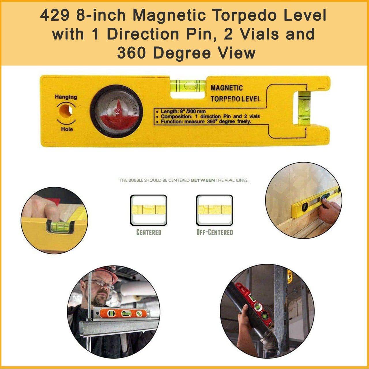 8-inch Magnetic Torpedo Level with 1 Direction Pin, 2 Vials and 360 Degree View - jugaad.shop