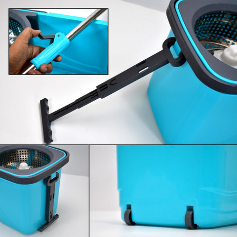 Spin mop with bucket and wheels, plastic design for easy floor cleaning