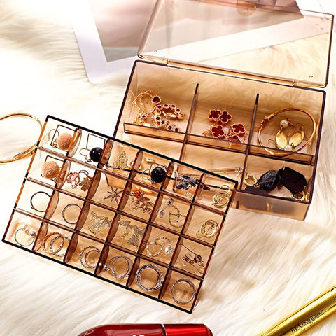 2 layer Acrylic Jewelry Storage Box Dustproof Earring Box, Storage Box Portable Nail Art Storage Case, 24-Grid Small and 6-Grid Big case Makeup Vanity Box (1 Pc / 30 Compartment) - jugaad.shop