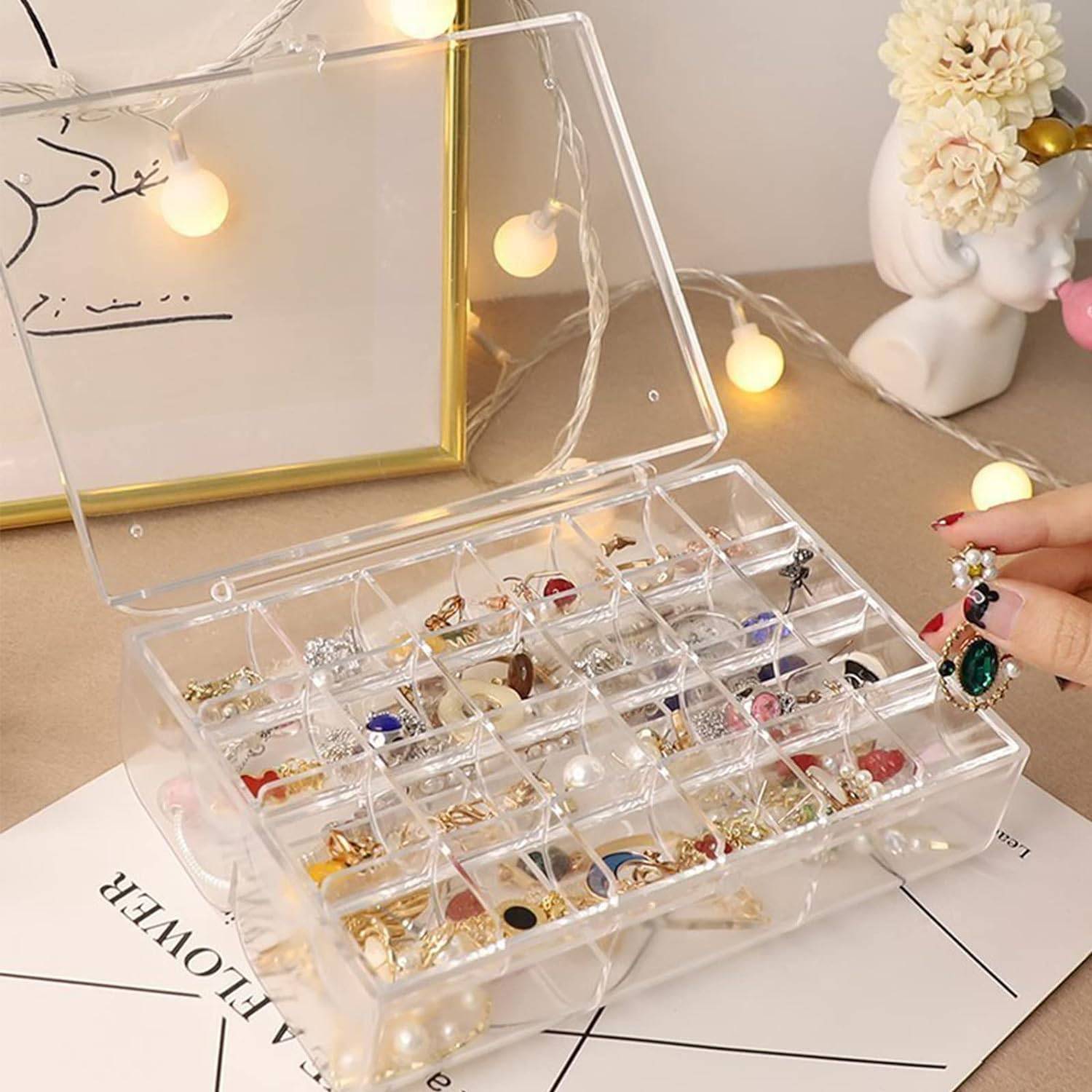 2 layer Acrylic Jewelry Storage Box Dustproof Earring Box, Storage Box Portable Nail Art Storage Case, 24-Grid Small and 6-Grid Big case Makeup Vanity Box (1 Pc / 30 Compartment) - jugaad.shop