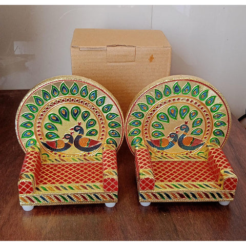 Meenakari Work Laddu Gopal Singhasan for Pooja Mandir Wooden Krishna Ladoo Bal Gopal Sofa Asan, Home Decorative Premium Look Decorative Singhasan Suitable For Home, Office, Restaurant (2 Pc Set) - jugaad.shop