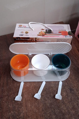 Home Kitchen 3 Grid Seasoning Spice / Masala Box Kit with Spoon (Multicolor / 1 Set)