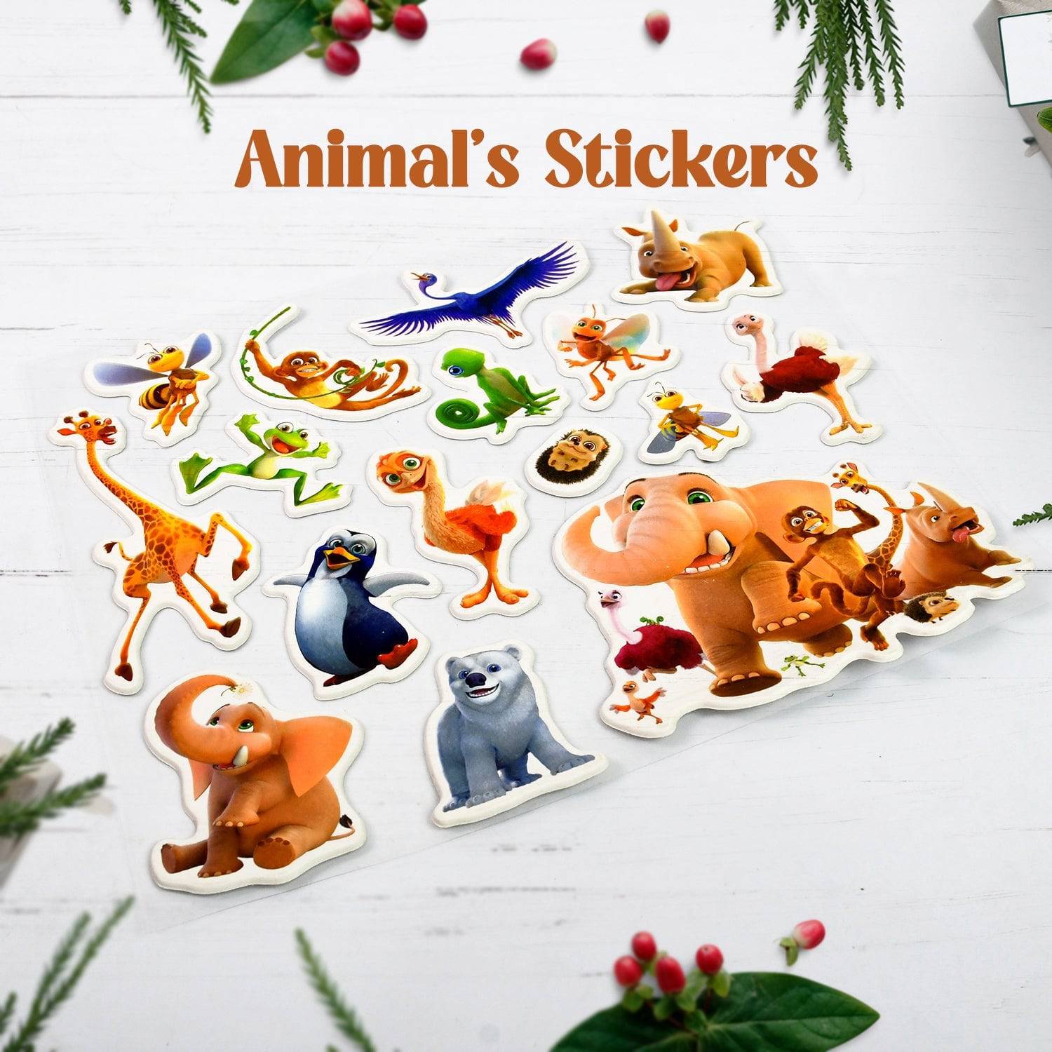 Animals Design Adhesive 3D Stickers (1 Sheet / 22×19 Cm)