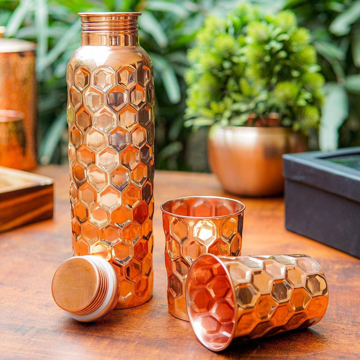 Diamond Cut Copper Water Bottle 2 Glasses with Gift Box (3 Pcs Set)-jugaad.shop