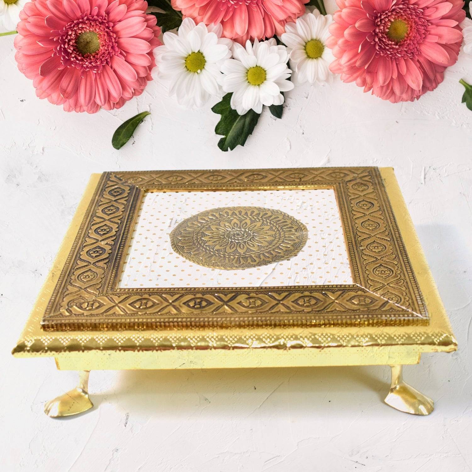 Golden - Square Pooja Chowki Patla / Bajot (20×20 CM / 1 Pc)-jugaad.shop