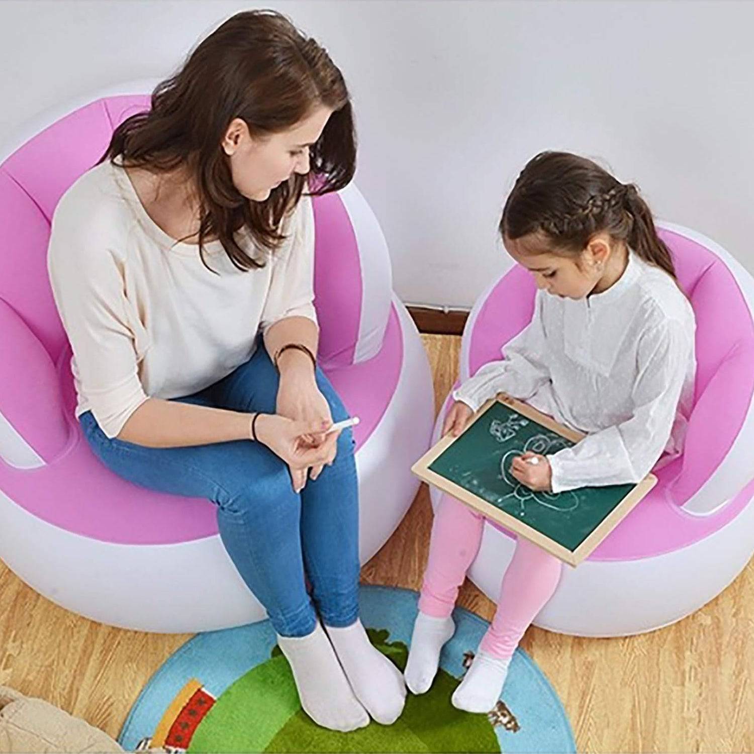 Kids inflatable sofa chair with backrest & Foot Air Pump with Hose (1 Set / 85x74 Cm Approx)