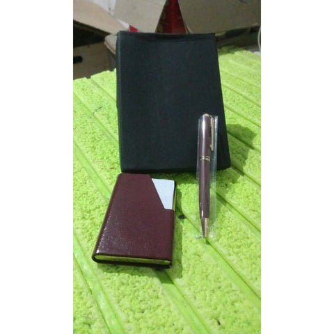 Leather Professional Business Visiting Card Case With Luxury Ballpoint Blue Pens (2 Pc Set / With Gift Box) - jugaad.shop