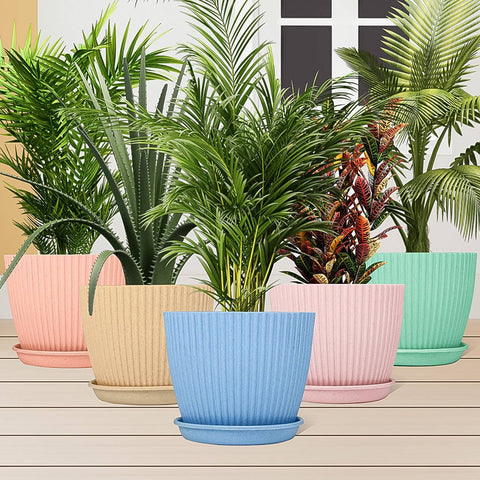 Plastic Flower Pot with Bottom Tray (5 Pcs Set)