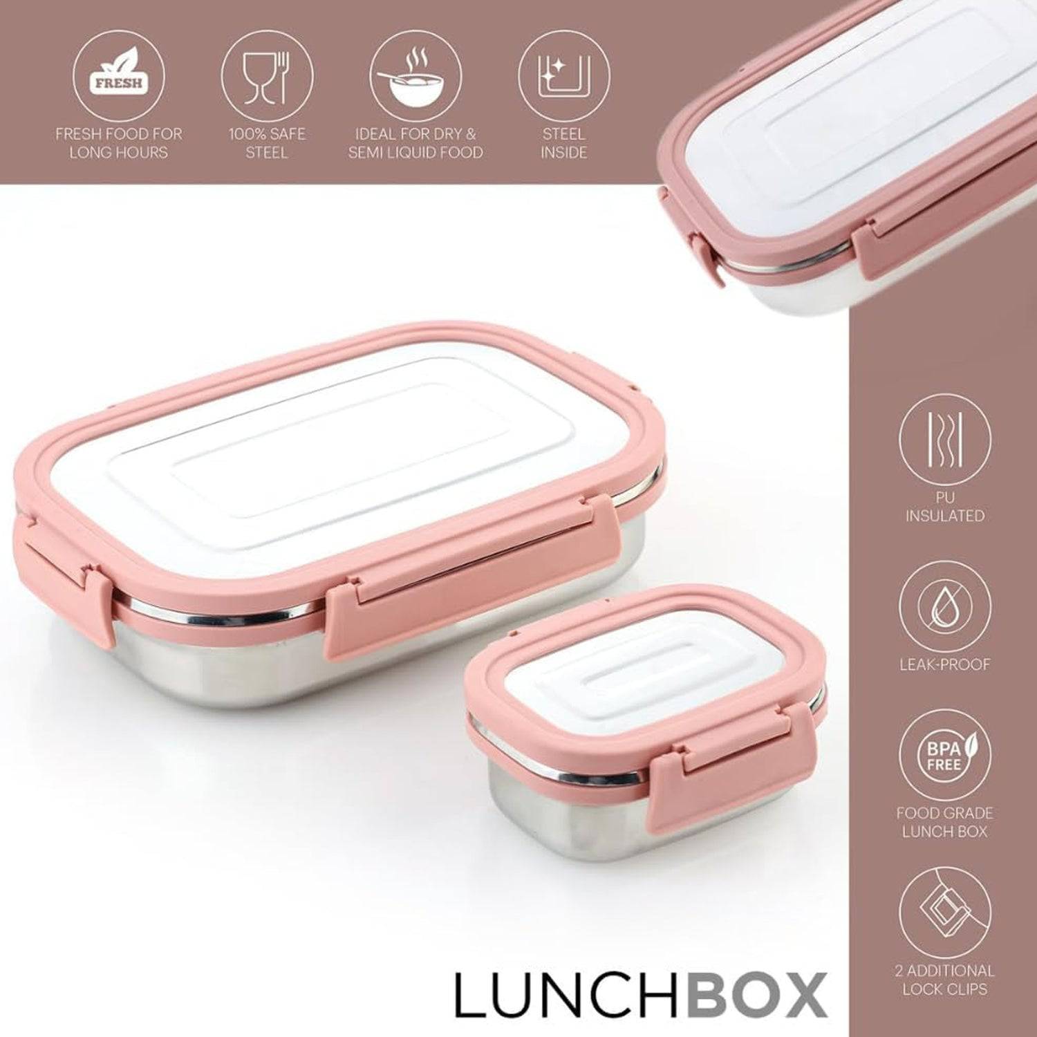 Premium Stainless Steel Leak Proof Air Tight Lunch Boxes (900ML+200ML Approx / 2 Pc Set)