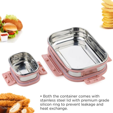 Premium Stainless Steel Leak Proof Air Tight Lunch Boxes (900ML+200ML Approx / 2 Pc Set)