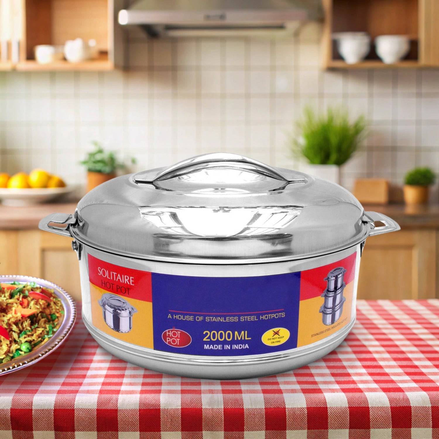 Royal Unique Hot Pot Stainless Steel Insulated Serving Casserole with Lid Handle (2000 ML)