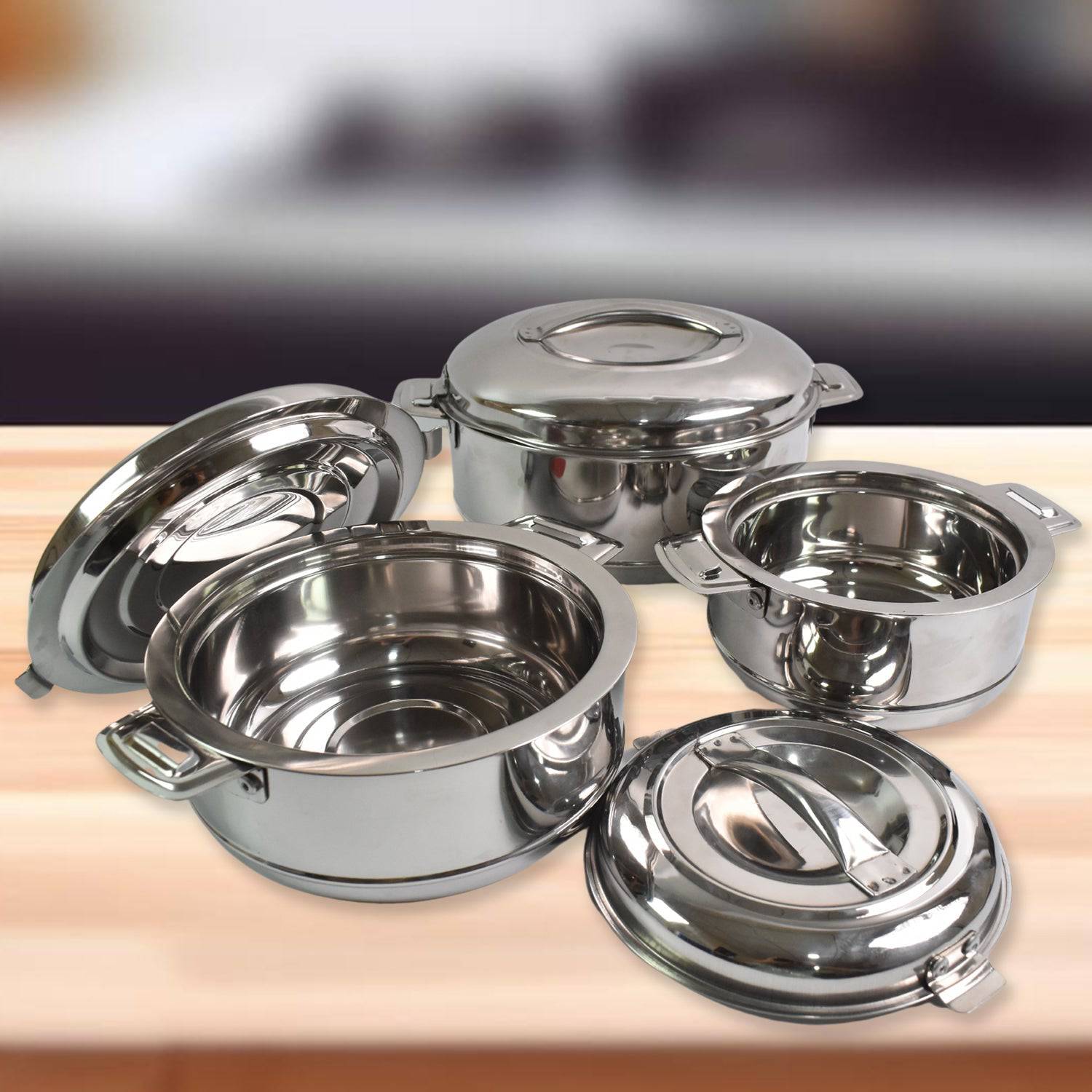 Royal Unique Hot Pot Stainless Steel Insulated Serving Casserole with Lid & Handle (3 pcs Set)