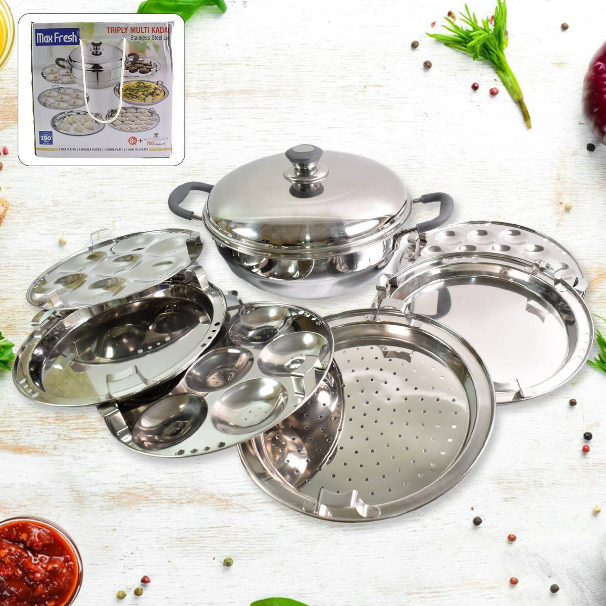 Stainless Steel Triply Multi Kadai idli, dhokla, Patra,  Mini idli plates, kadai with Lid  (8 Pcs Set / Free Glass Transparent Lid)