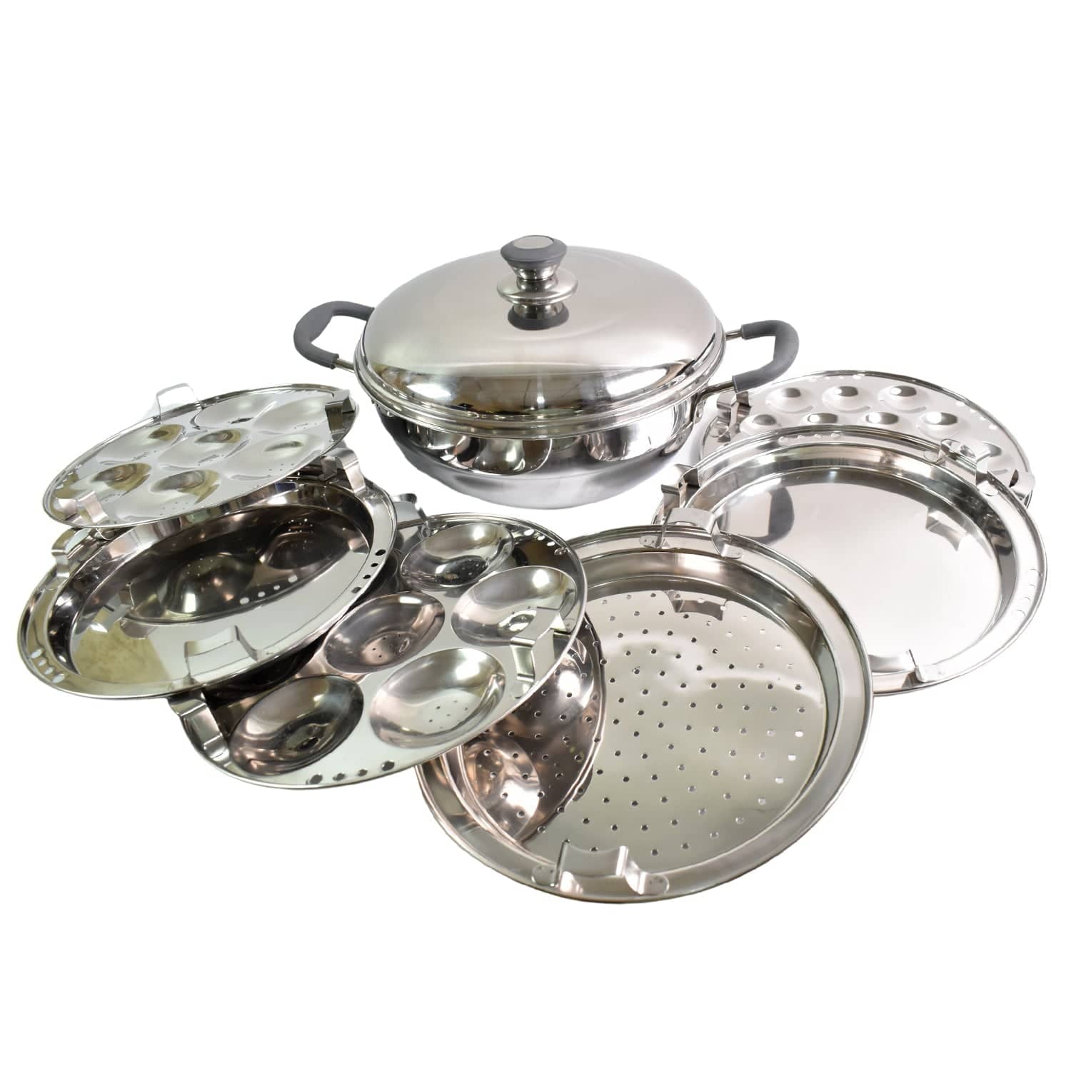 Stainless Steel Triply Multi Kadai idli, dhokla, Patra,  Mini idli plates, kadai with Lid  (8 Pcs Set / Free Glass Transparent Lid)