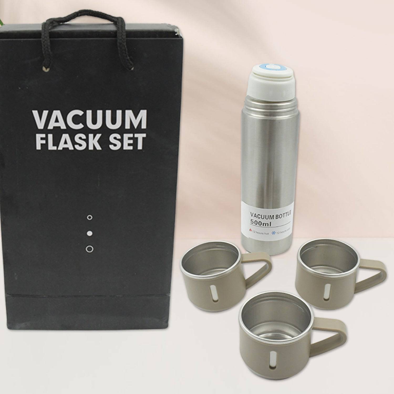 Stainless Steel Vacuum Flask Set with 3 Steel Cups Combo for Coffee Hot Drink and Cold Water Flask Ideal Gifting Travel Friendly Latest Flask Bottle. (500ml) - jugaad.shop