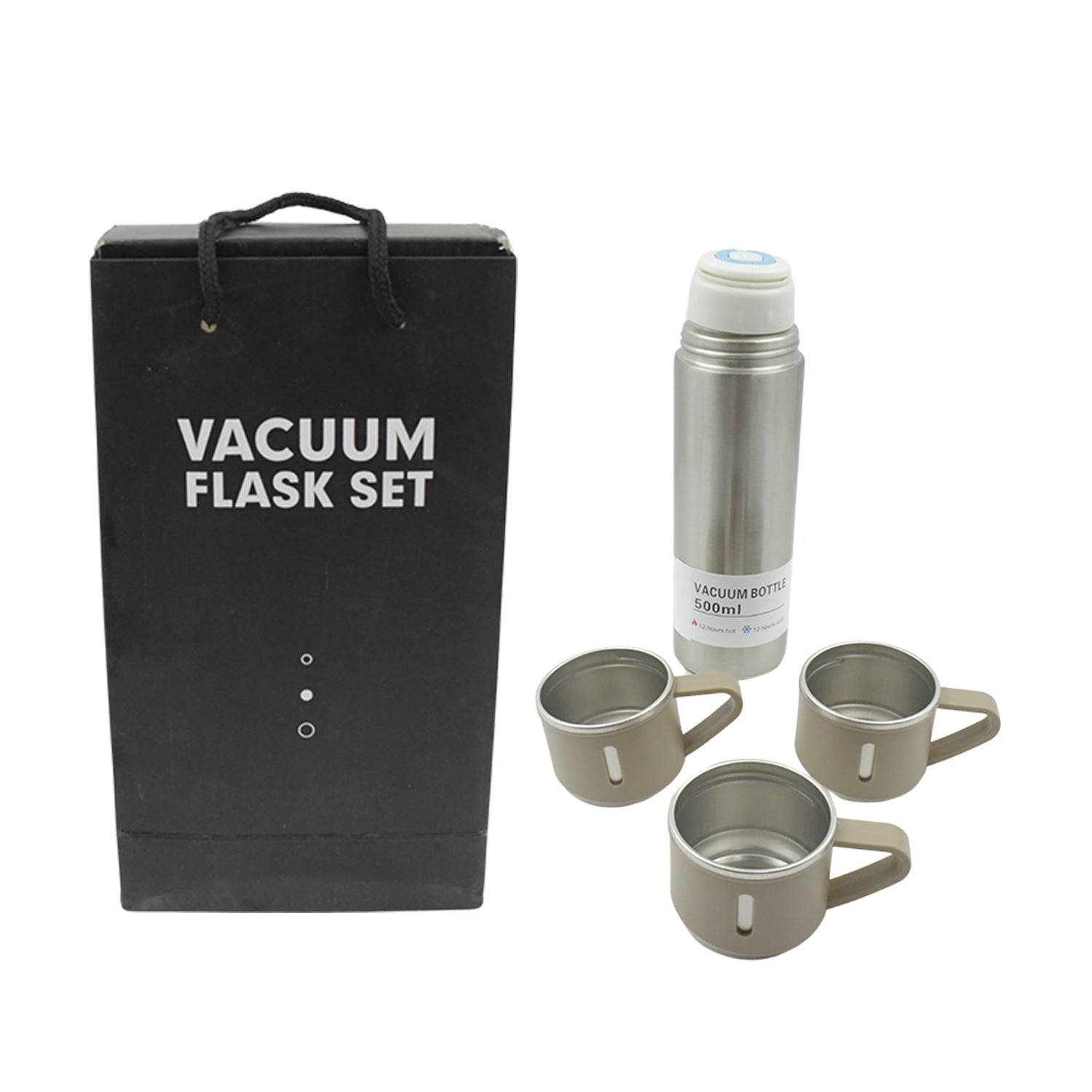 Stainless Steel Vacuum Flask Set with 3 Steel Cups Combo for Coffee Hot Drink and Cold Water Flask Ideal Gifting Travel Friendly Latest Flask Bottle. (500ml) - jugaad.shop